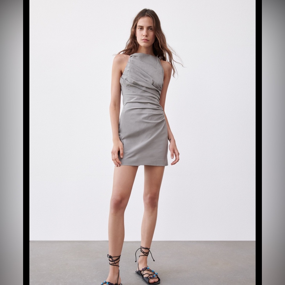 Zara Draped Linen Strappy Crossback Mini Dress Gray S
